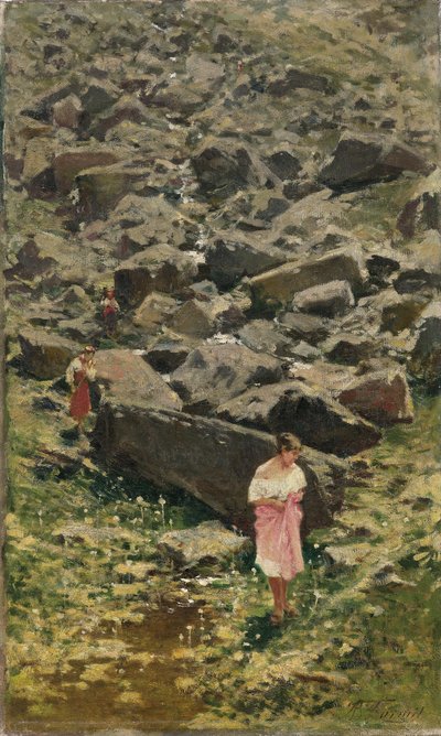 Rocky Landscape with Young Women by the Stream by Achille Formis Befani